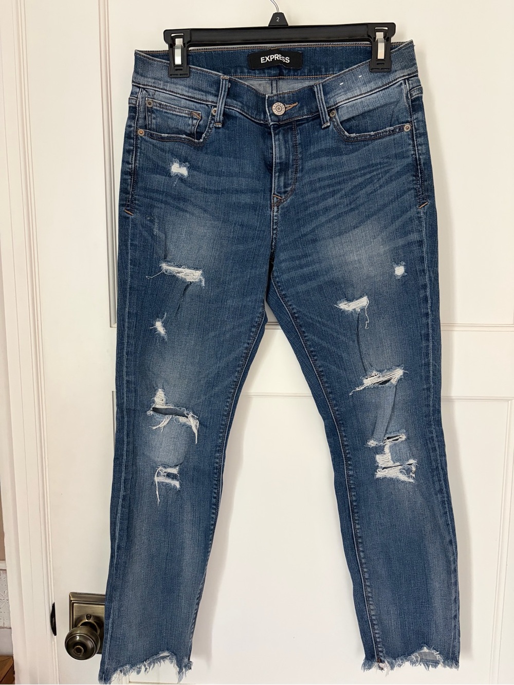 Express Women's Dark Blue Distressed Skinny Jeans